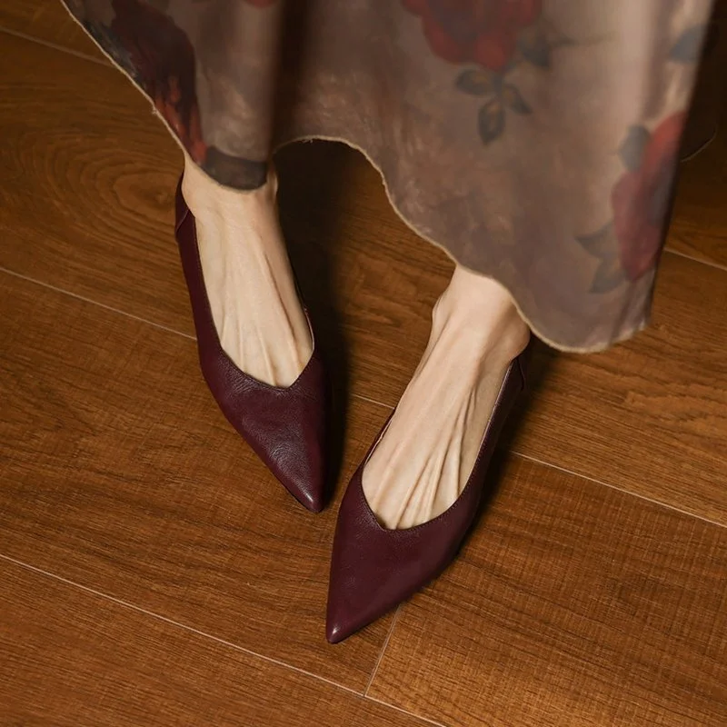 Spring Women’s Genuine Leather Pointed Toe Chunky Heel Slip-On Pumps