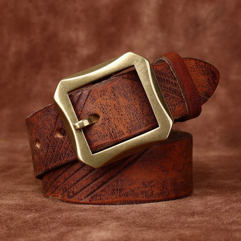 Men’s Genuine Leather Retro Jeans Belt – 1.5" Brass Buckle