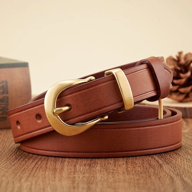 Women’s Genuine Leather Belt with Brass Buckle - Stylish Casual Jeans Belt