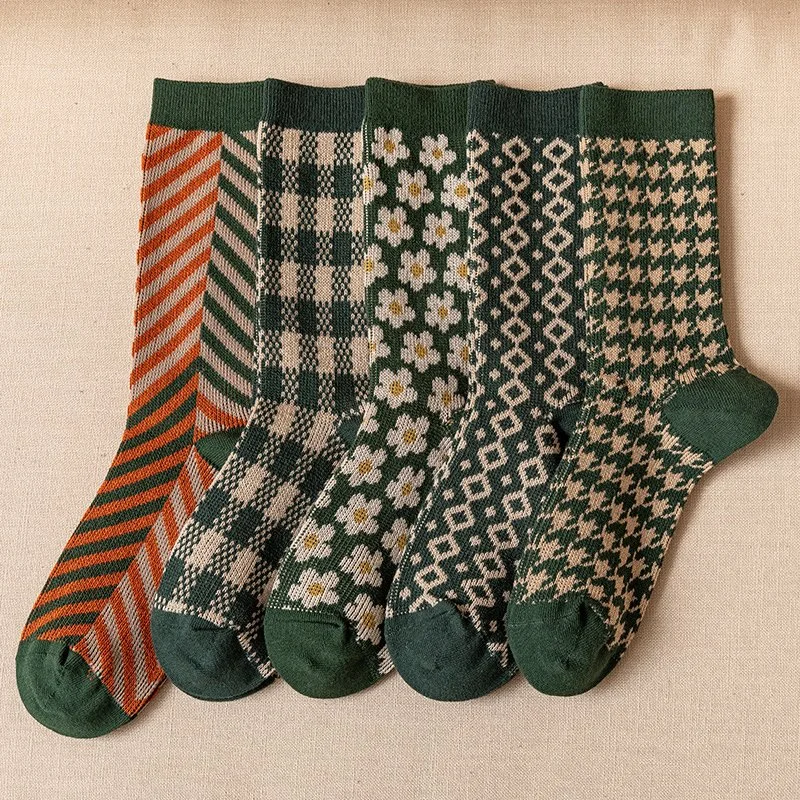 5-Pair Women’s Retro Cotton Crew Socks