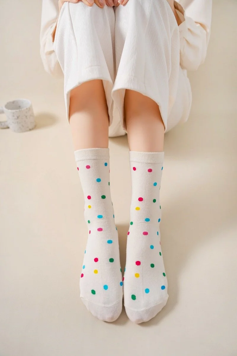 Japanese Style Polka Dot Mid-Calf Cotton Socks for Women