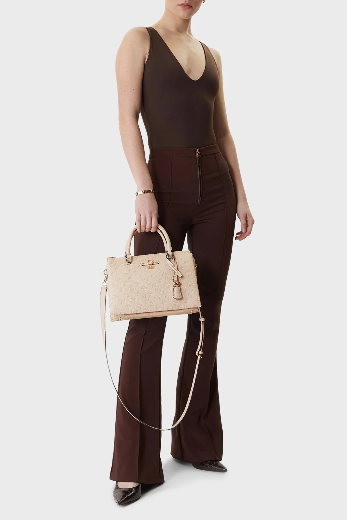 Guess Women's Peony Satchel Bag - Beige Eco Faux-Leather with Gold Accents