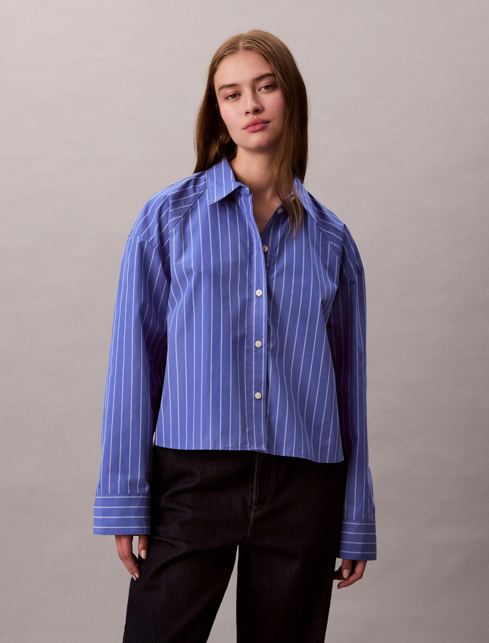 Calvin Klein Jeans Women's Stripe Cropped Boxy Button-Down Shirt