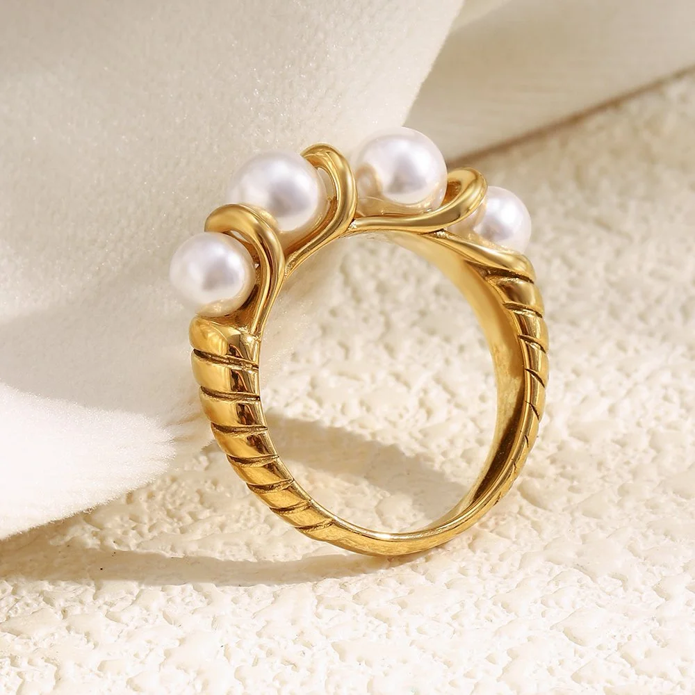Gold Striped Pearl Coil Ring for Women – Waterproof Stainless Steel Jewelry