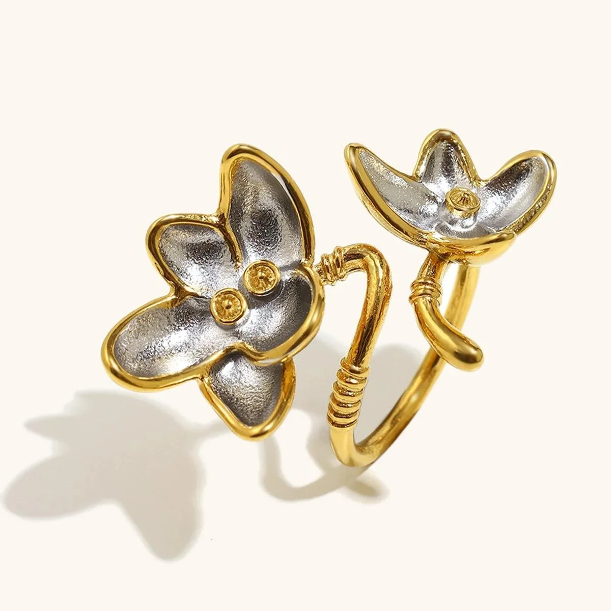 Elegant Mixed Color Flower Double Headed Gold Plated Women's Open Ring