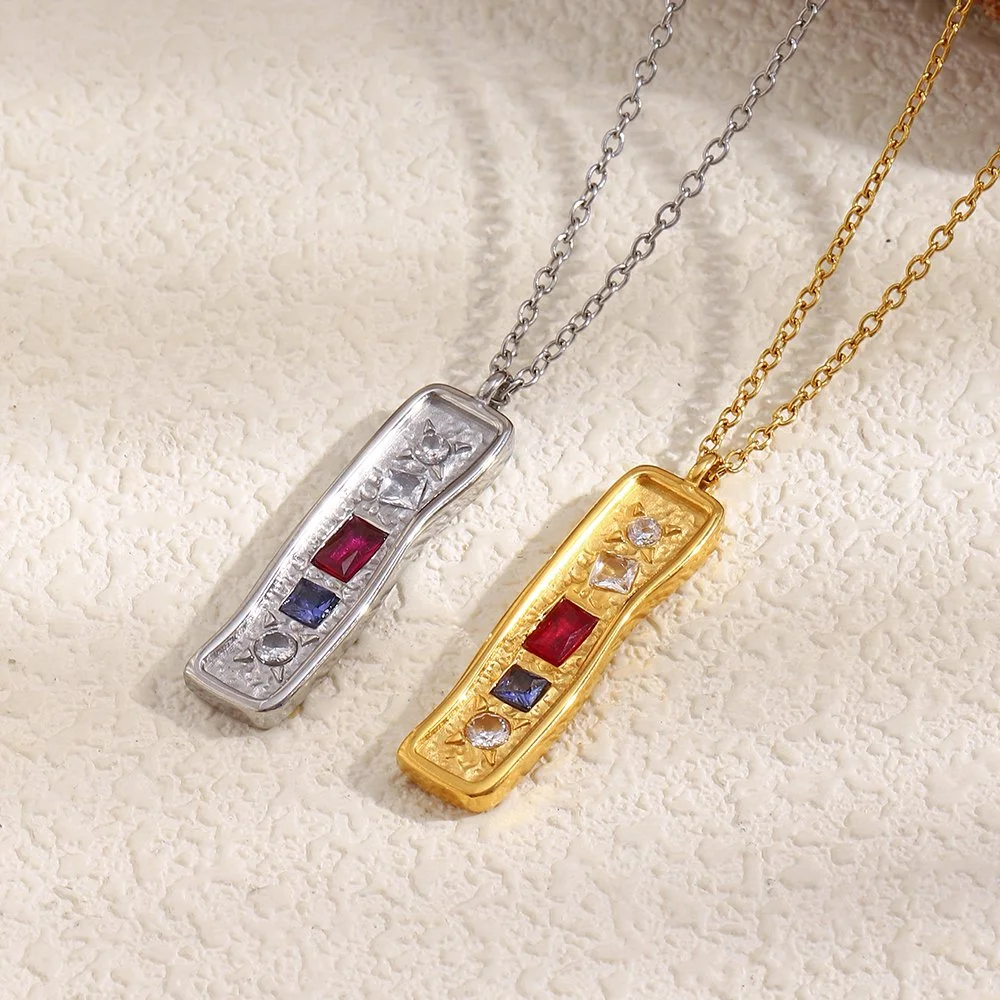 Elegant Colored Zircon Irregular Square Pendant Stainless Steel Necklace