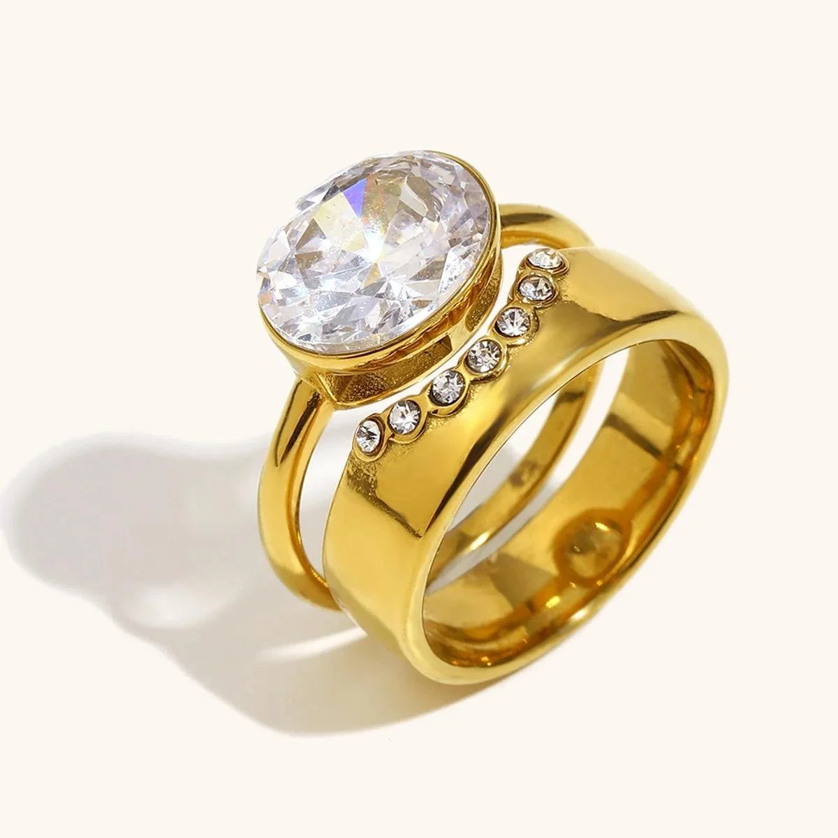 Oval Zircon Double Band Gold Plated Stacked Ring for Women