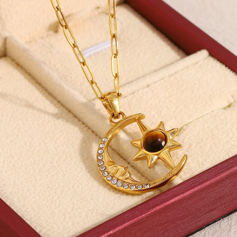 Star and Moon Zircon Pendant Necklace for Women – Retro Stainless Steel Jewelry