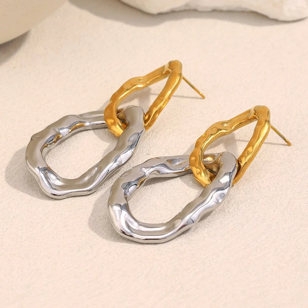 Mixed Color Textured Circular Statement Earrings in Gold-Tone Stainless Steel