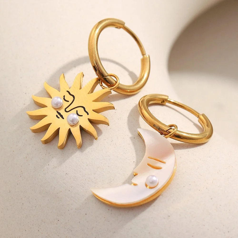 Sun & Moon Pearl Gold Hoop Earrings for Women