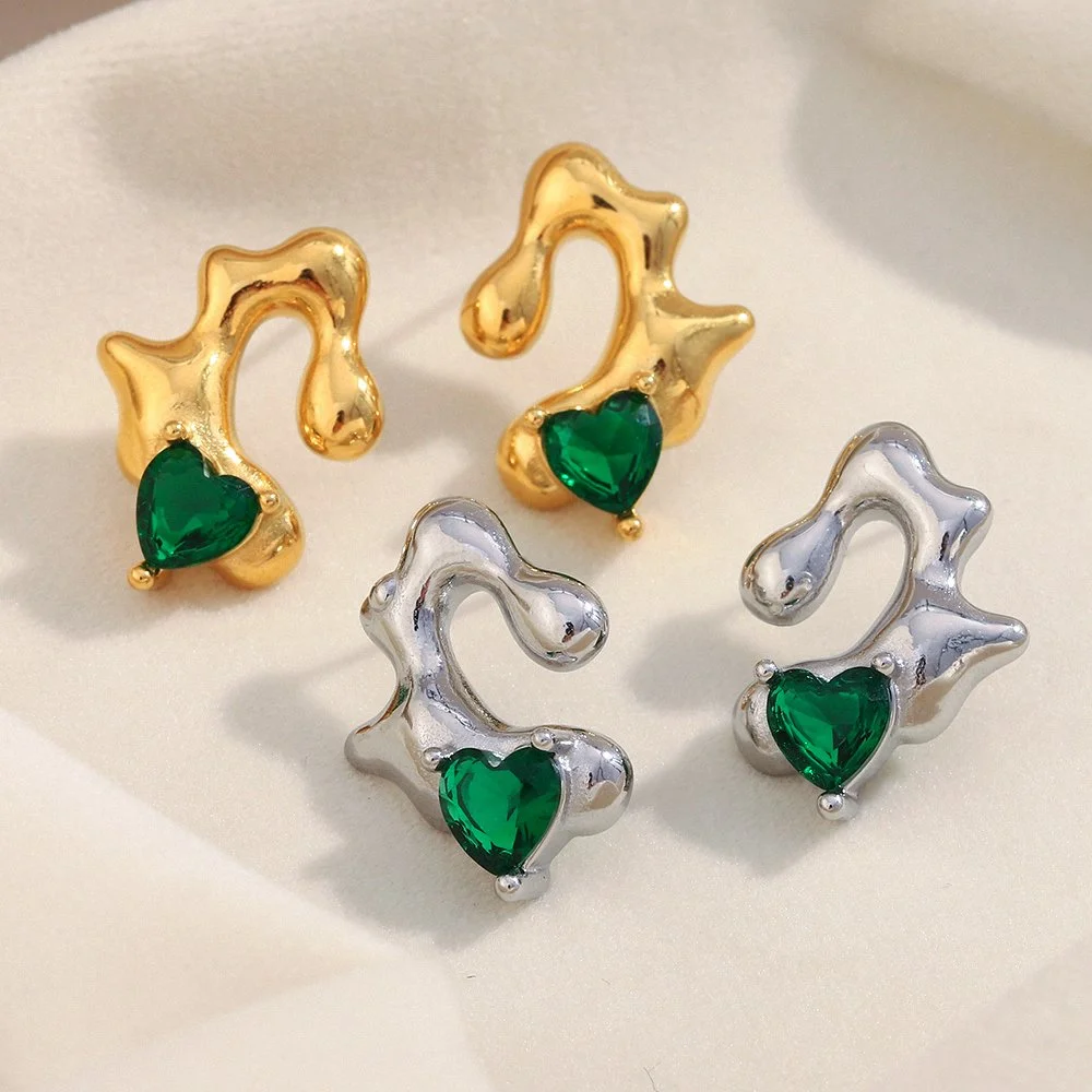 Irregular Heart Cubic Zirconia Stud Earrings in Gold-Plated Stainless Steel