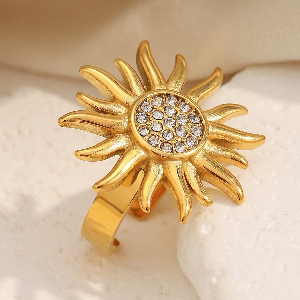 Retro Sun Zircon Open Ring in 18K Gold Plated Stainless Steel