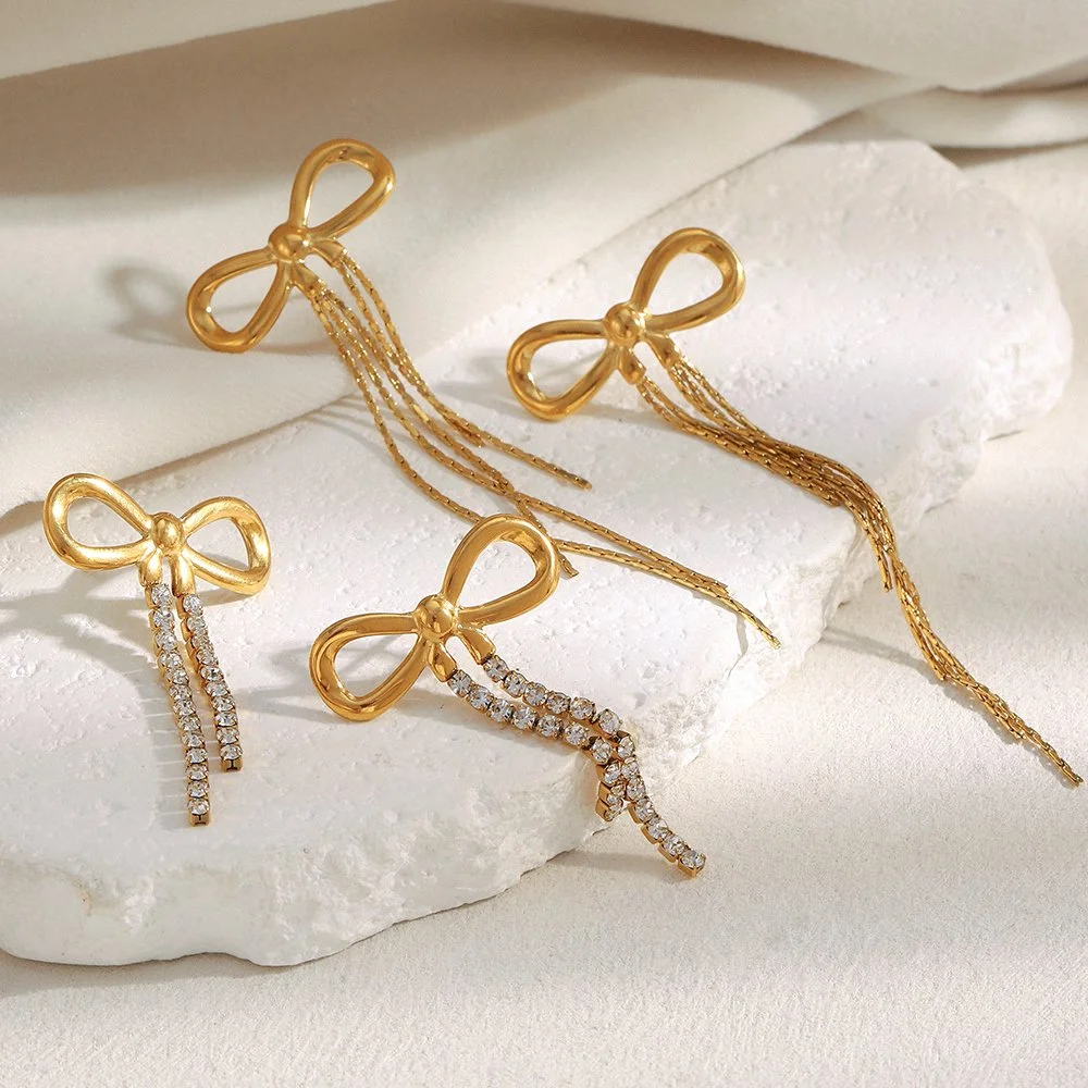 Butterfly Knot Zircon Stud Earrings – Gold Plated Waterproof Jewelry