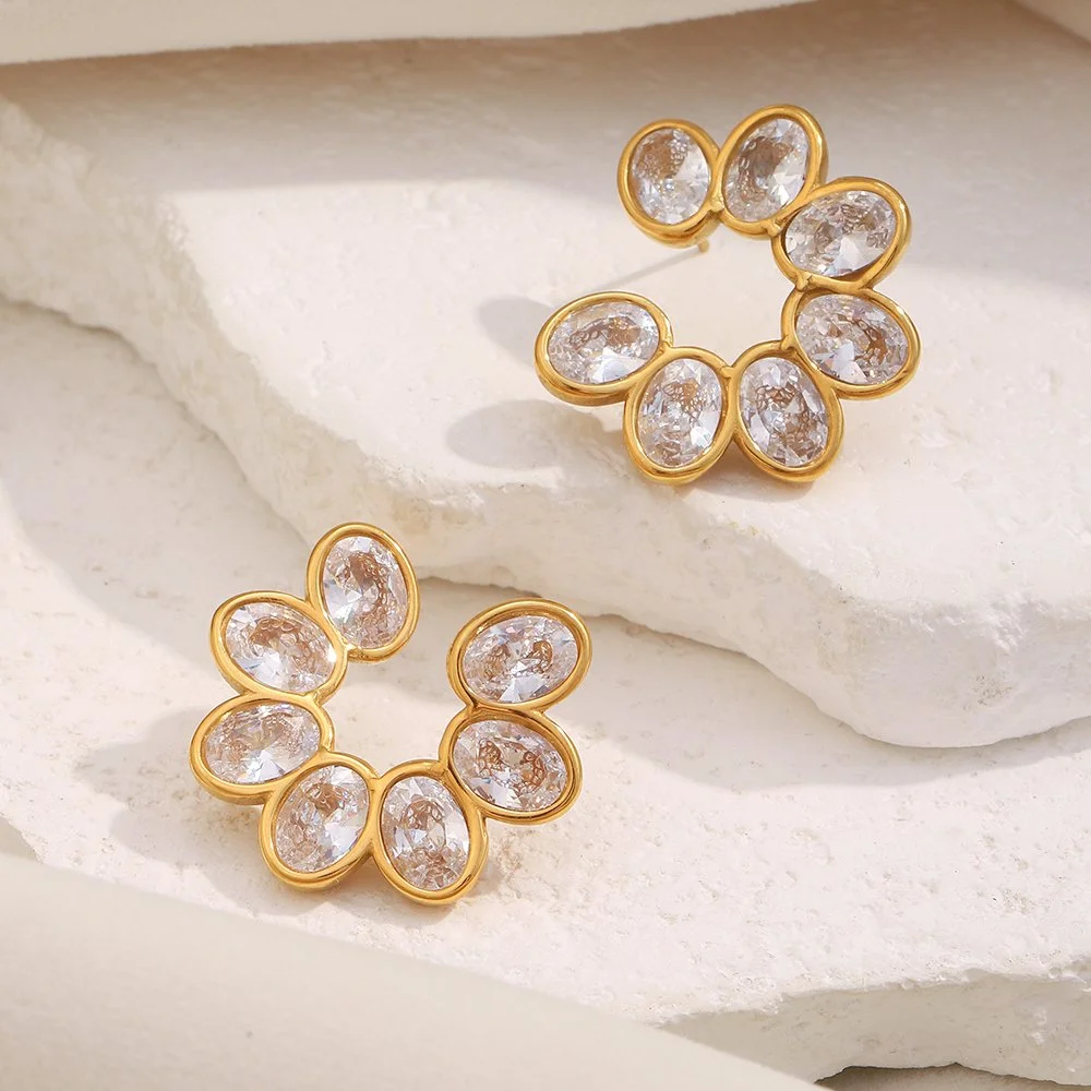Gold Zircon Flower Stud Earrings in Waterproof Stainless Steel