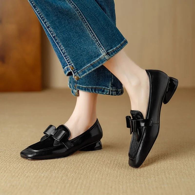 Sweet Square Toe Leather Loafers with Bow