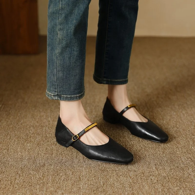 Genuine Leather Mary Jane Pumps with Square Toe and Low Heel
