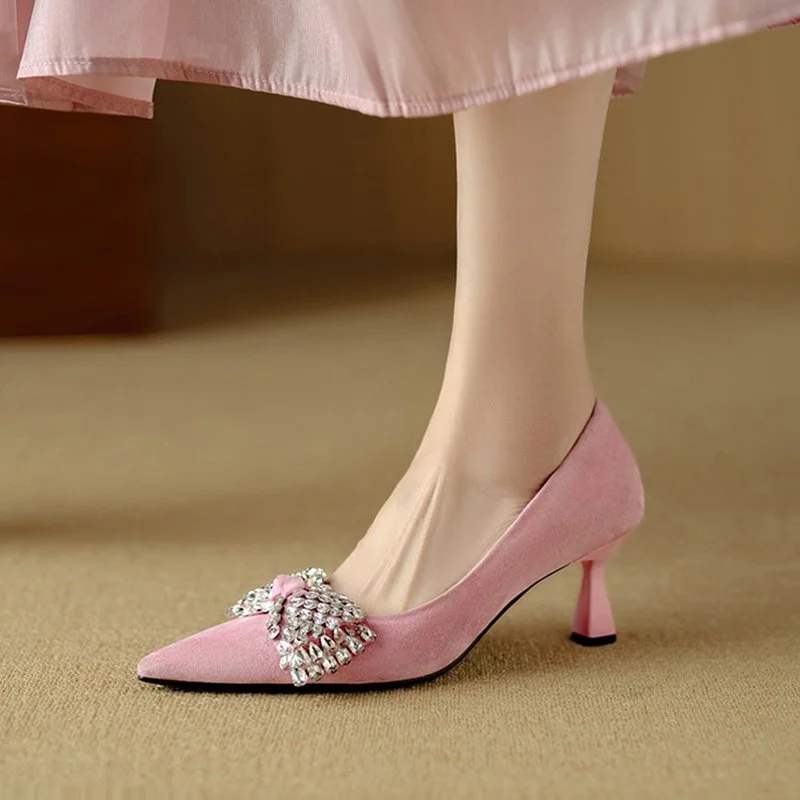 Sweet Bow Pointed Toe Suede Pumps with Thin Heel