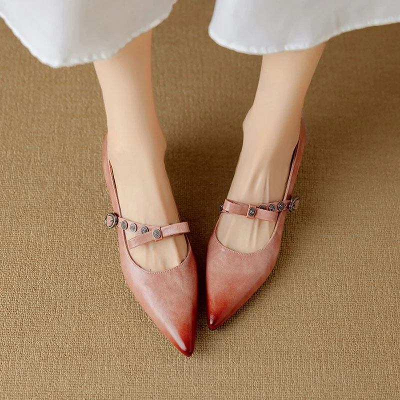 Pointed Toe Mary Jane Kitten Heel Leather Pumps for Women