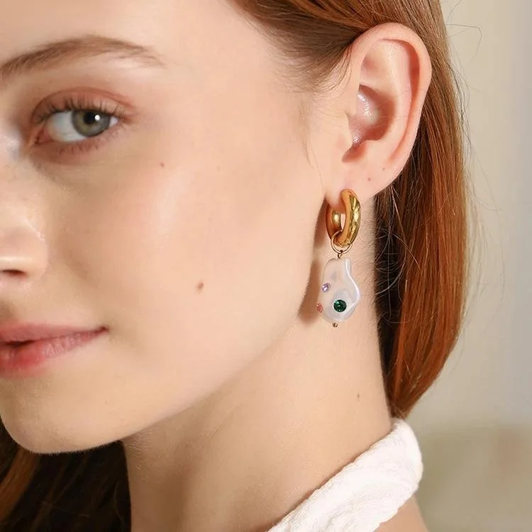 Gold Tone Zircon & Baroque Pearl Drop Stud Earrings for Women