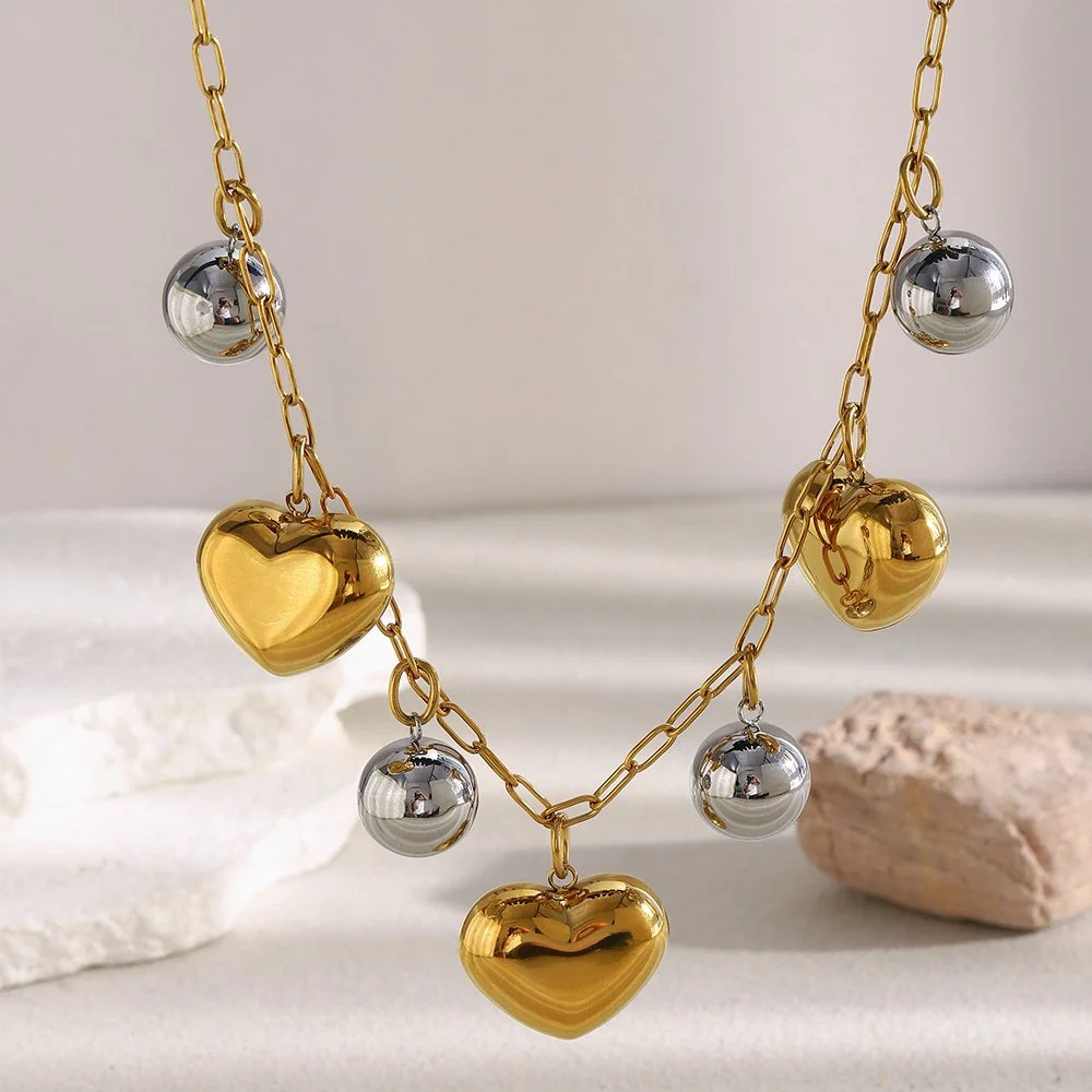 Mixed Color Hollow Heart Pendant Gold-Plated Stainless Steel Necklace