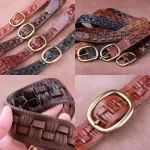 Vintage Handmade Cowhide Leather Weave Men's Belt with Solid Copper Buckle