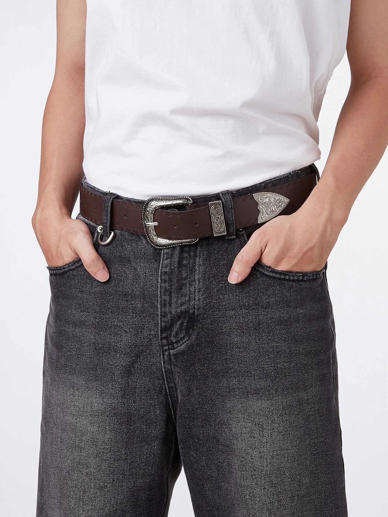 Men’s Western Distressed Faux Leather Belt for Jeans & Casual Wear