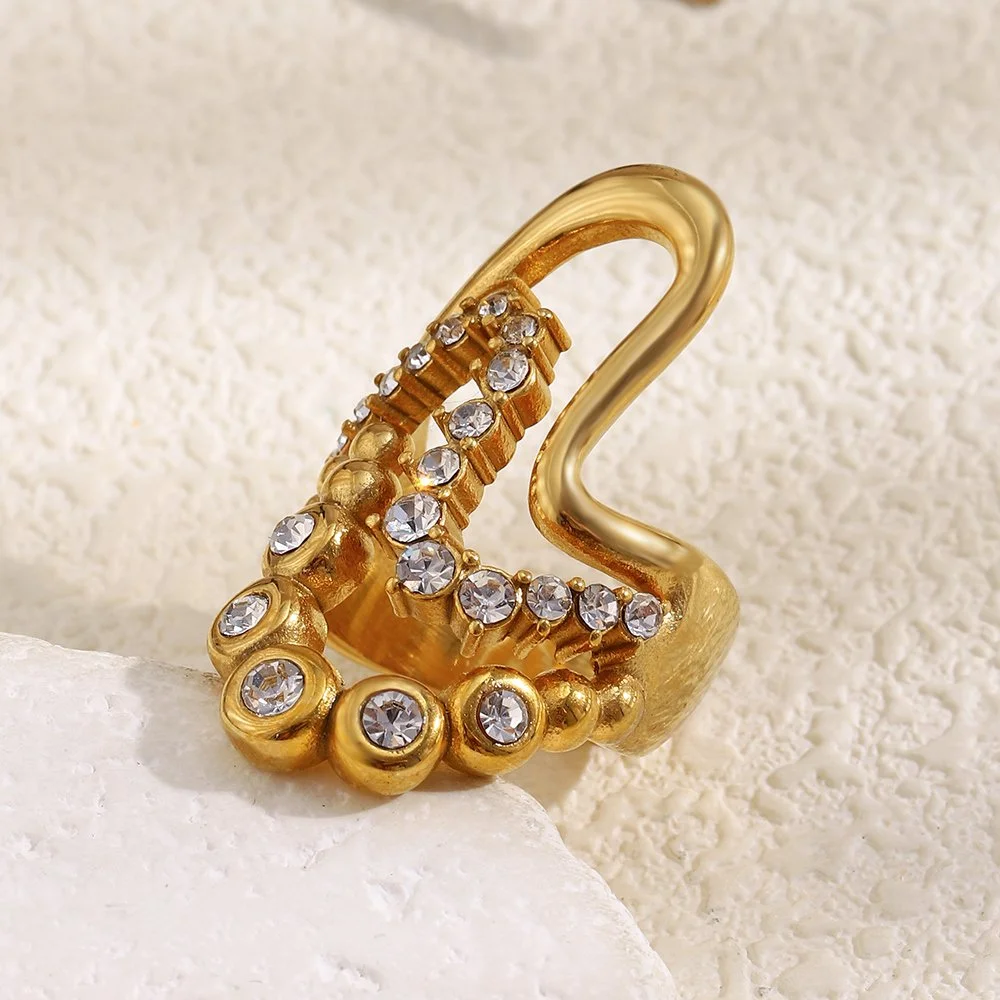 Shiny Zircon Triple Wave Gold-Plated Stainless Steel Ring