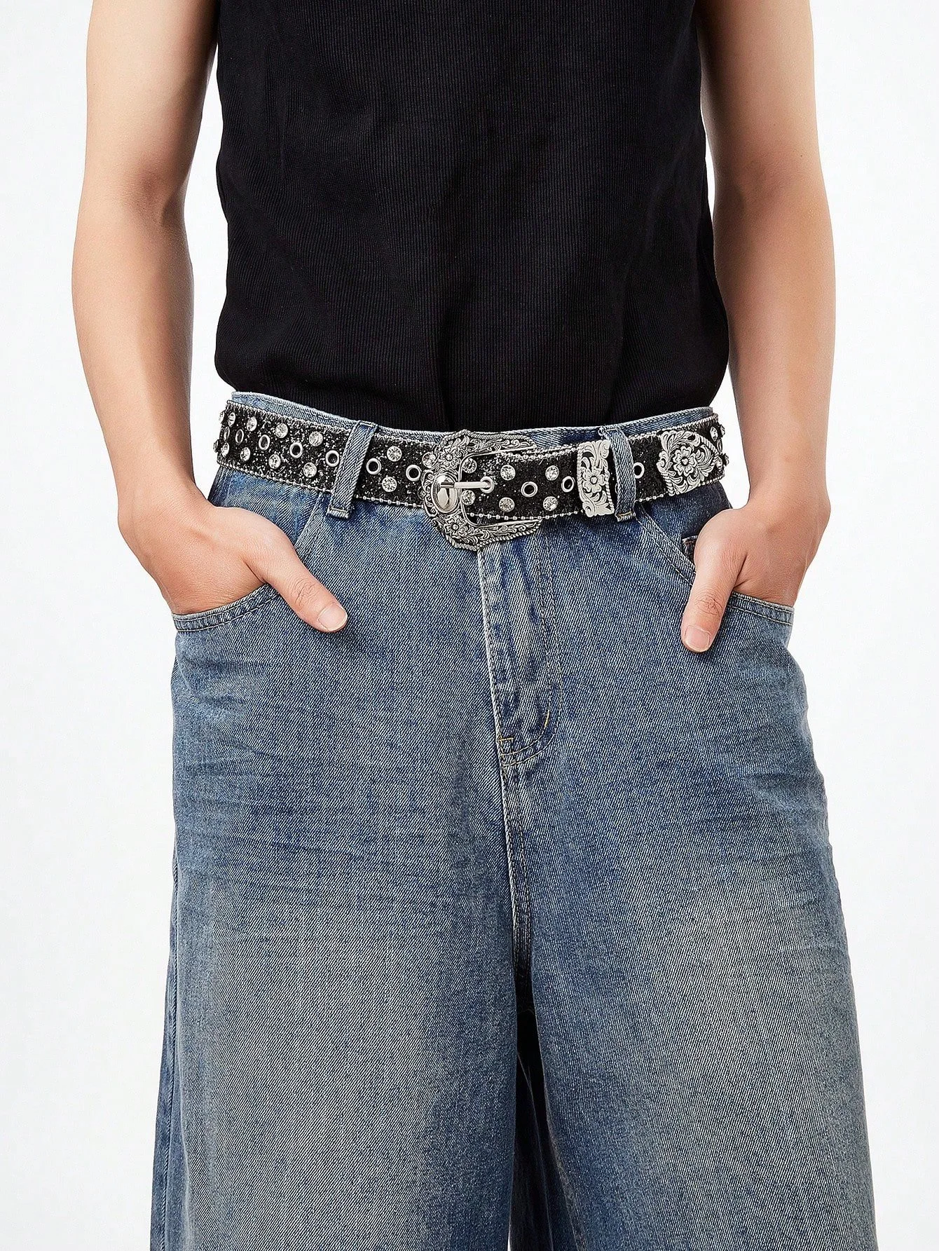 Men’s Black Western Diamond Y2K Metal Belt for Jeans & Everyday Wear