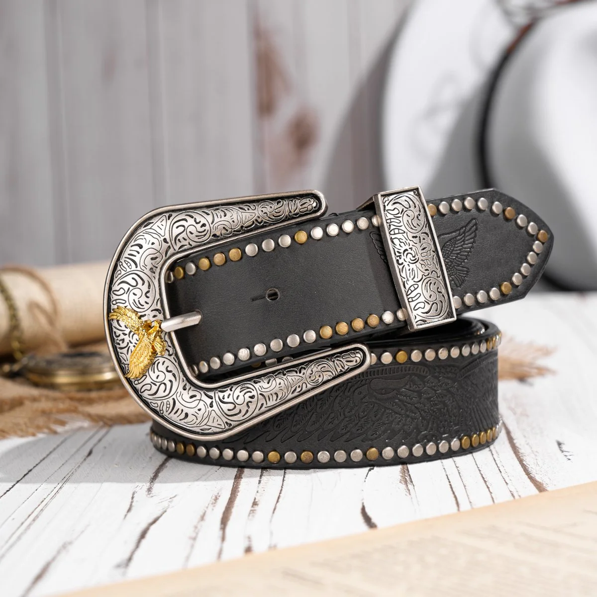 Western Cowboy PU Leather Belt with Bull Buckle & Floral Engraving