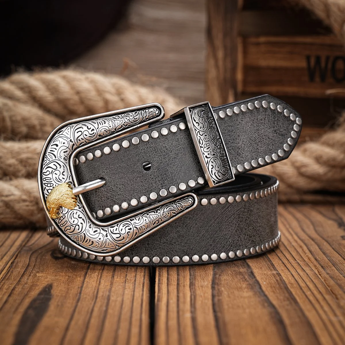 Vintage Western Cowboy Floral Engraved Buckle PU Leather Belt