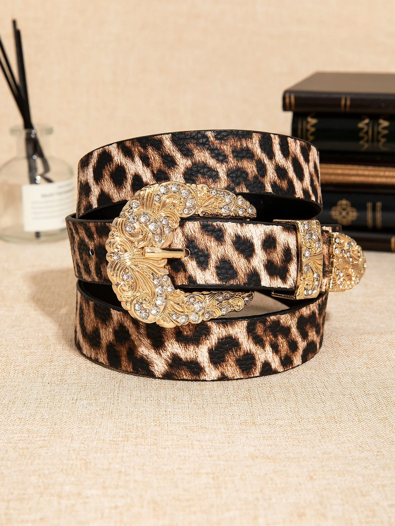Gold Leopard Print Rhinestone Buckle Belt for Women
