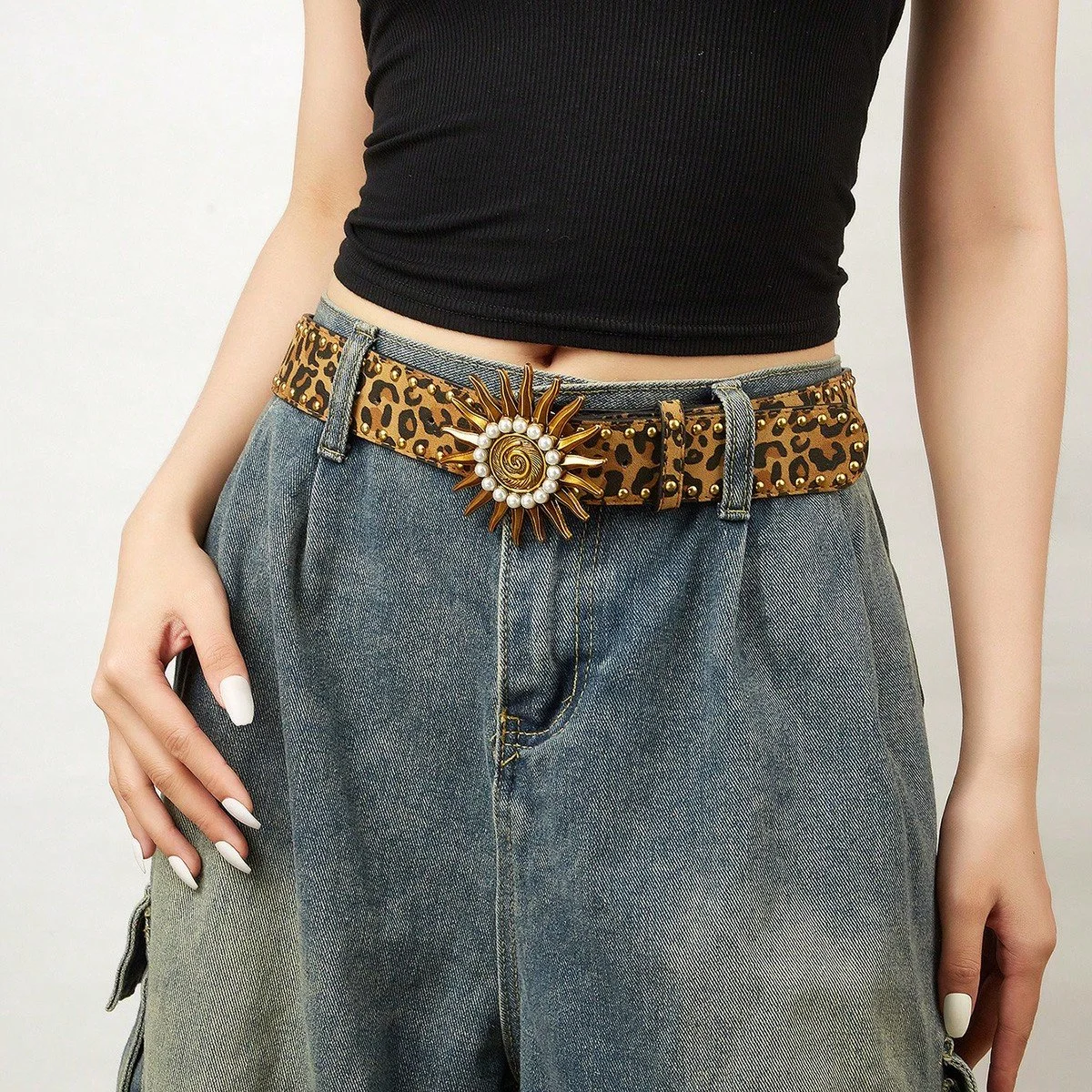 Y2K Leopard Rivet Gold Buckle Women’s Retro Jeans Belt