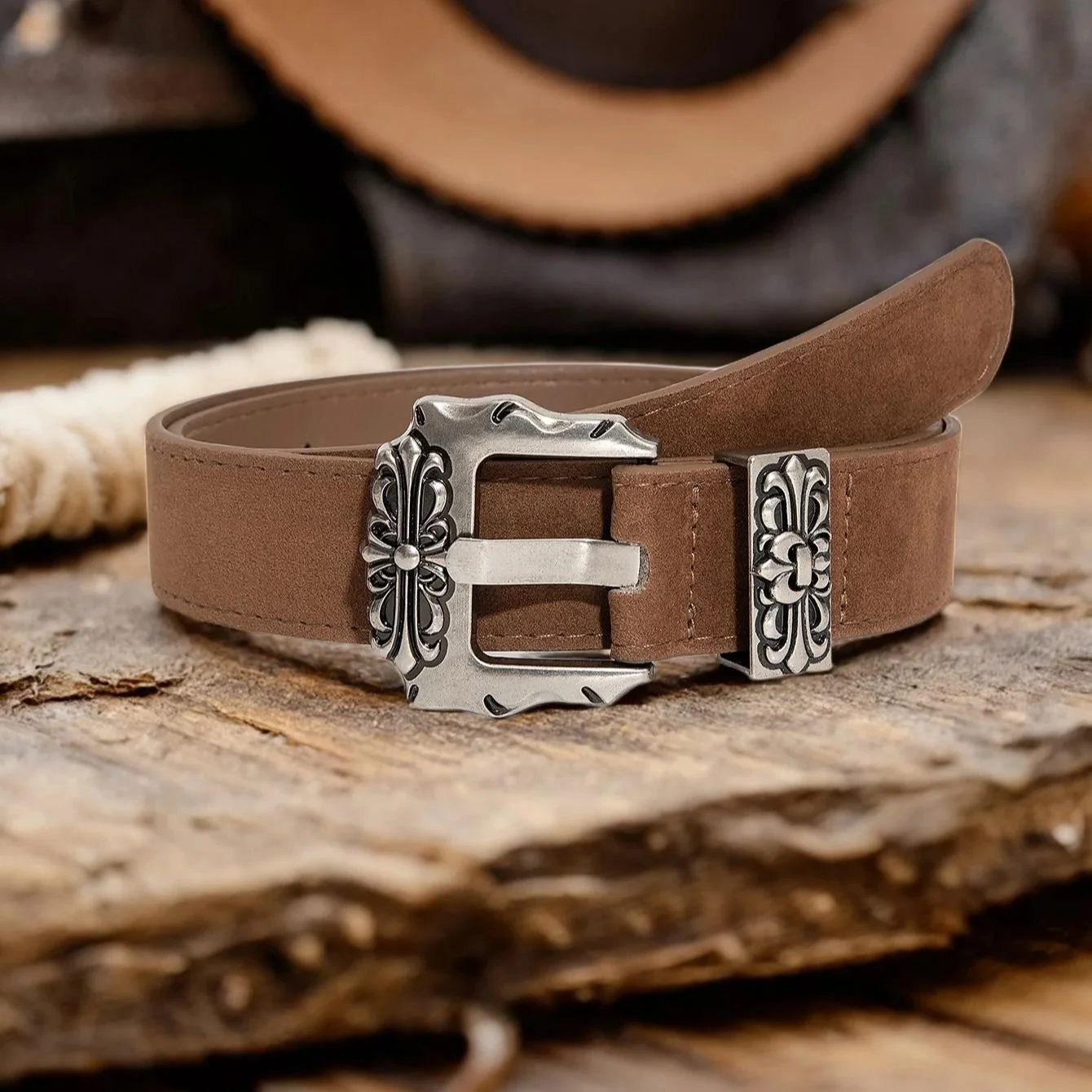 Vintage Bohemian Carved Buckle Suede Belt for Men & Women