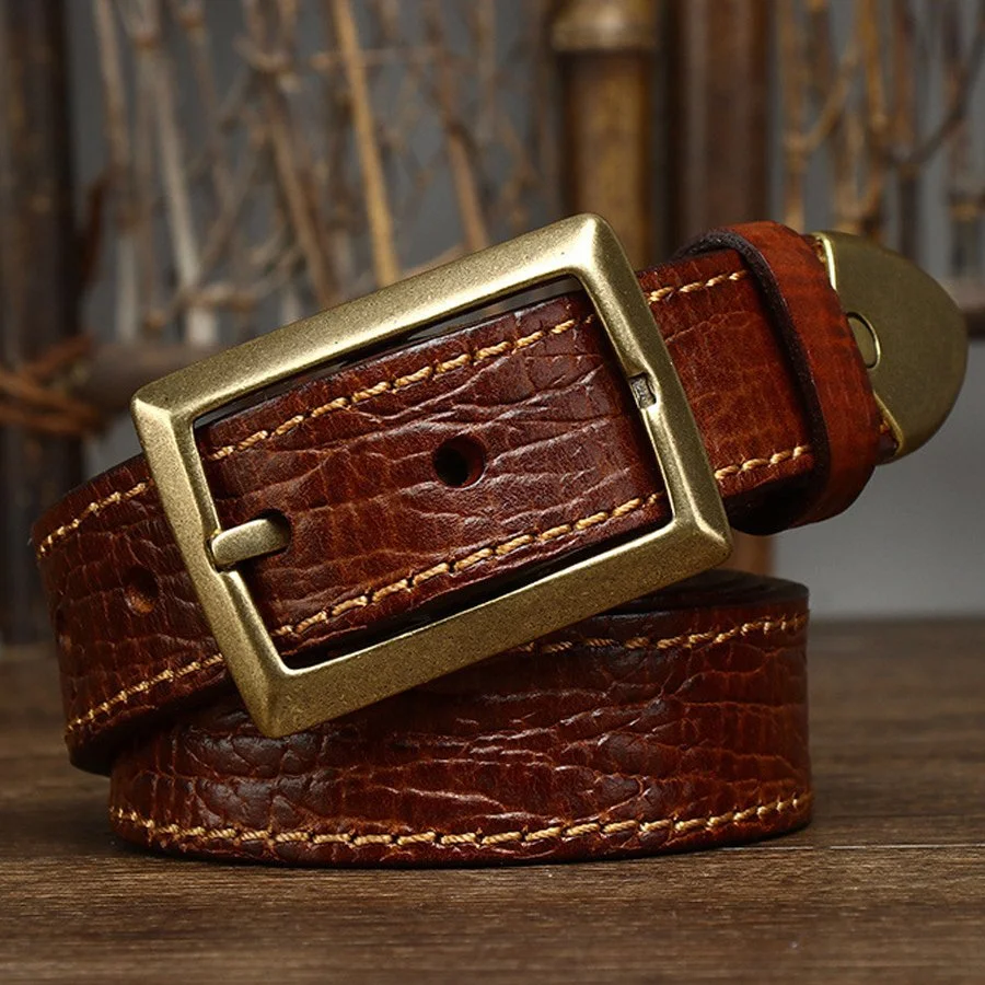 Men’s Luxury Retro Thick Genuine Leather Belt with Solid Brass Buckle