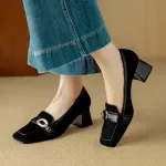 Women’s Suede Square Toe Loafers with Chunky Heel Slip-On Pumps