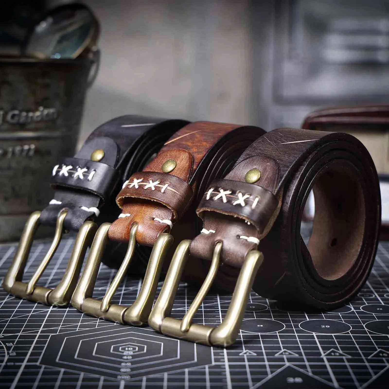 Vintage Full-Grain Leather Belt with Solid Brass Buckle & Gift Box