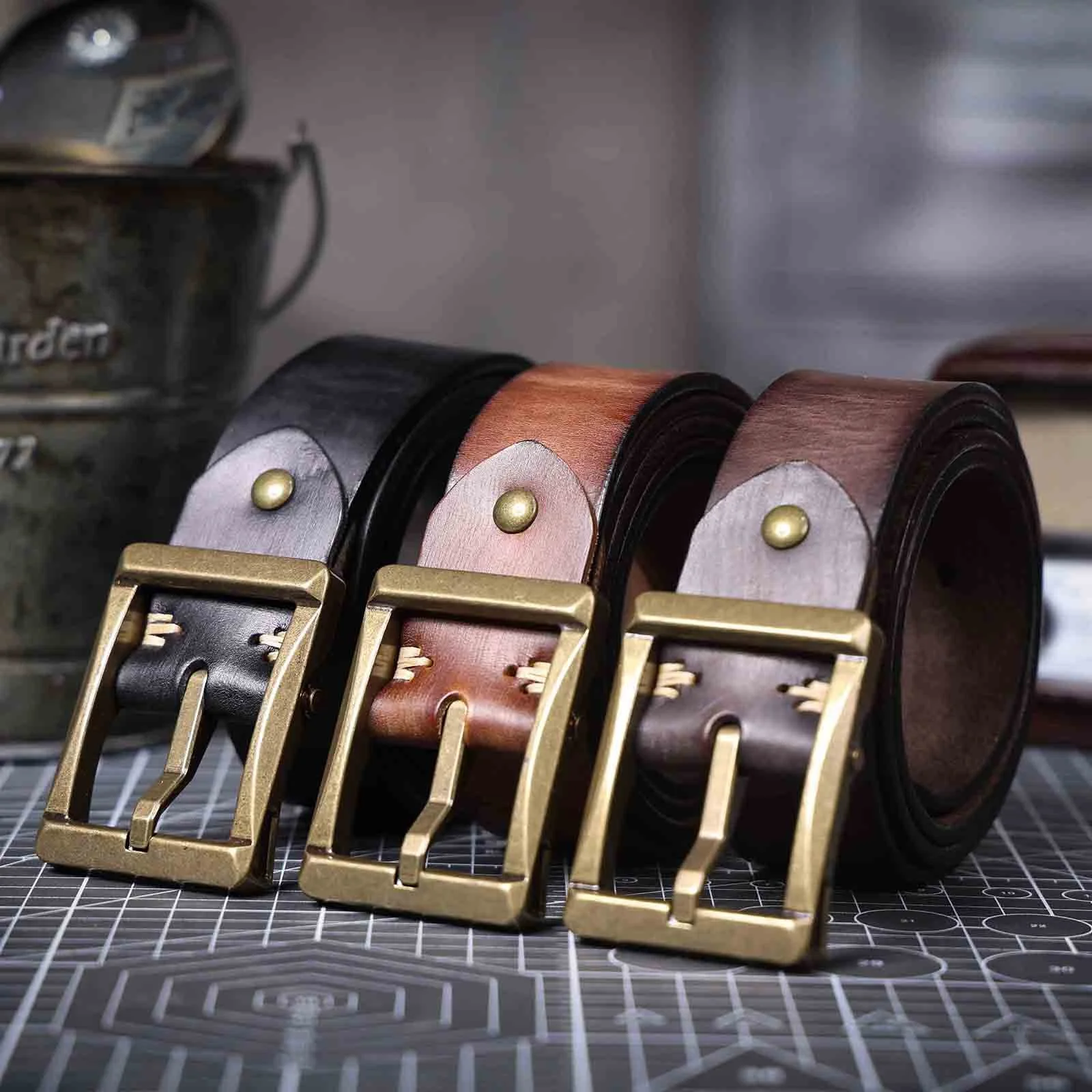 Vintage Italian Cowhide Leather Belt with Solid Brass Pin Buckle