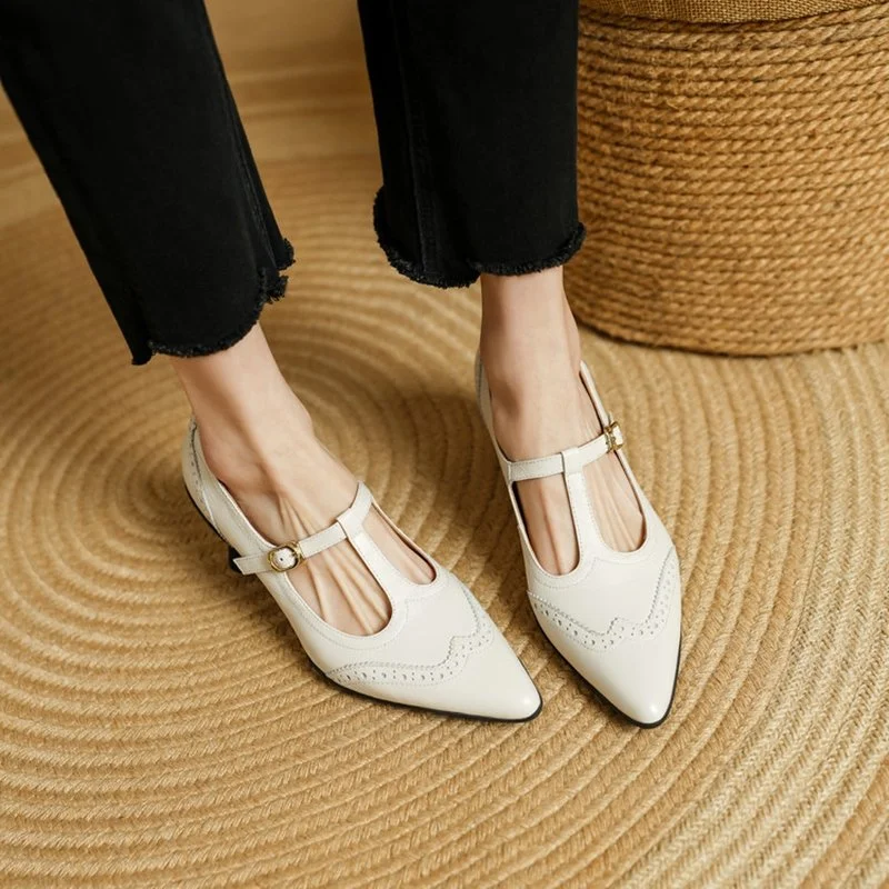 Elegant Pointed Toe Leather Mary Jane Pumps with Slim Heel