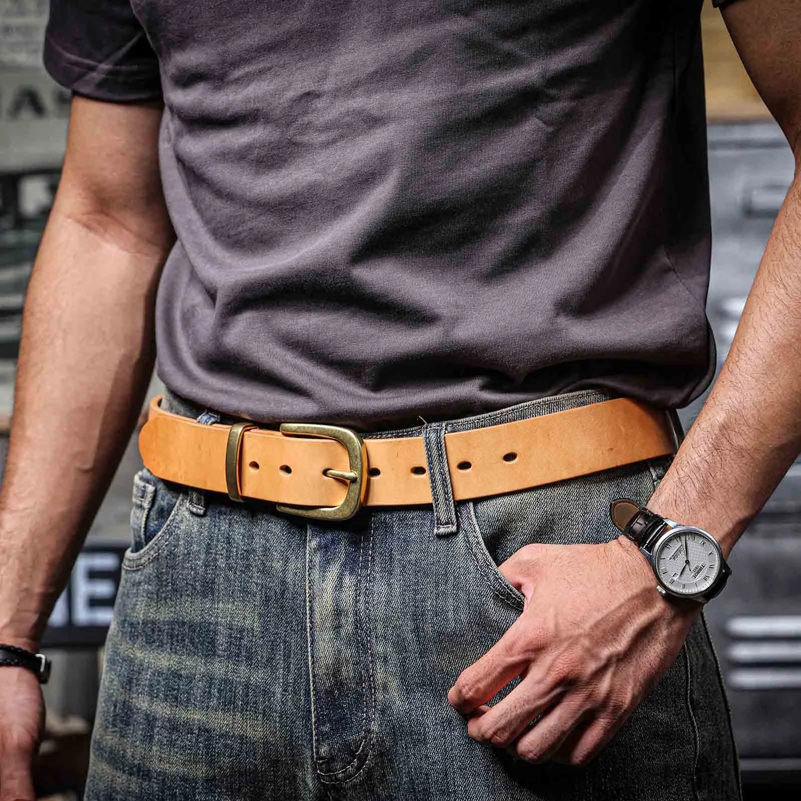 Vintage Genuine Leather Belt with Solid Brass Buckle