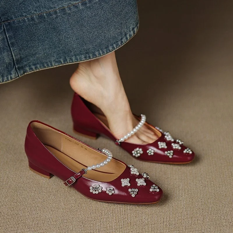 Pearl Mary Jane Pumps – Square Toe Low Heel Leather Shoes
