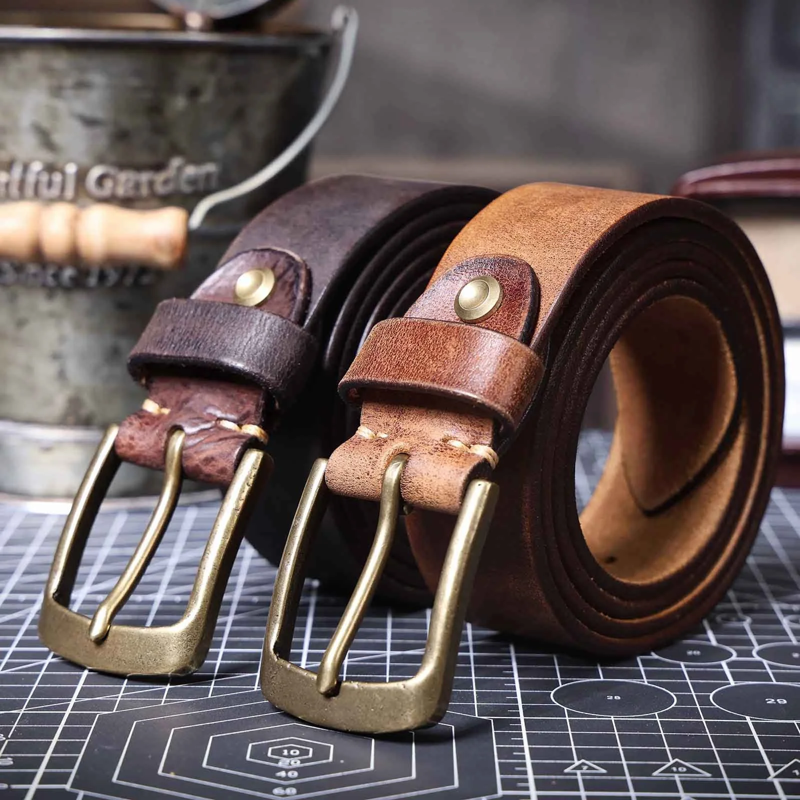 Vintage Italian Cowhide Leather Belt with Solid Brass Pin Buckle