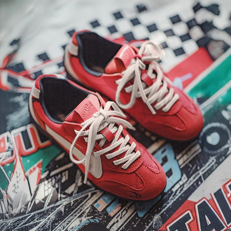 Vintage Red Patchwork Racing Sneakers for Women – Breathable Low-Top Trainers
