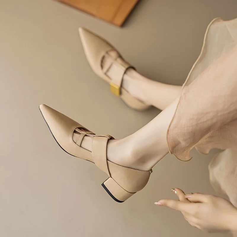 Handmade Pointed Toe Mary Jane Pumps with Chunky Heel