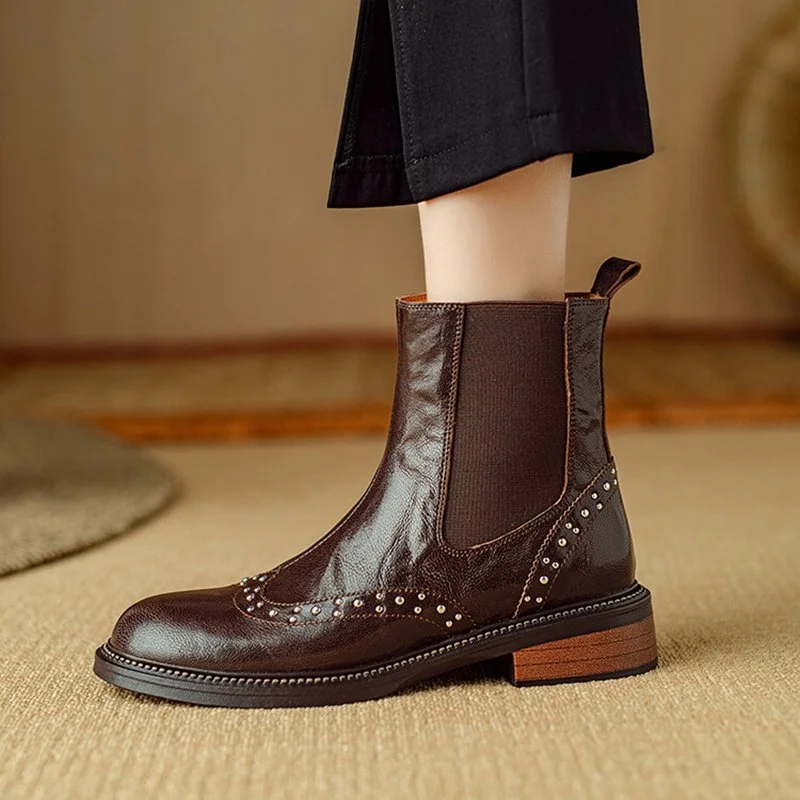 Retro Leather Chelsea Ankle Boots with Chunky Heel