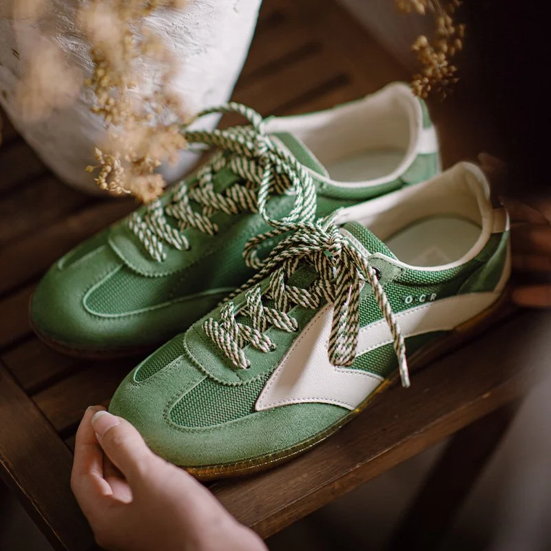 Retro Green Patchwork German Trainer Low-Top Mesh Sneakers