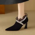 Pointed Toe Suede High Heel Pumps with Zipper & Lace Detail
