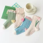 Vintage Floral Cottagecore Mid-Calf Socks for Women – 4 Pair Set