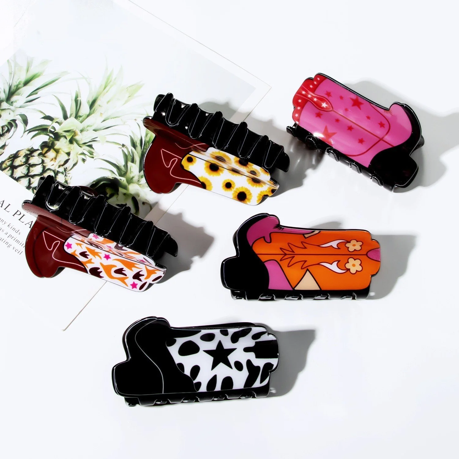Cowboy Boots Print Acrylic Hair Claw Clip for Women and Girls