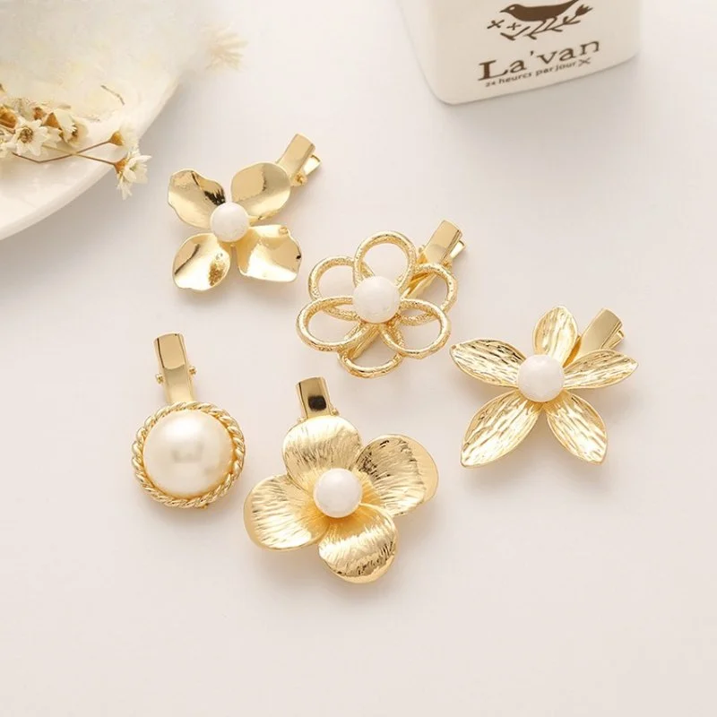 Golden Pearl Flower Hair Clip Alloy Hair Pin for Women and Girls