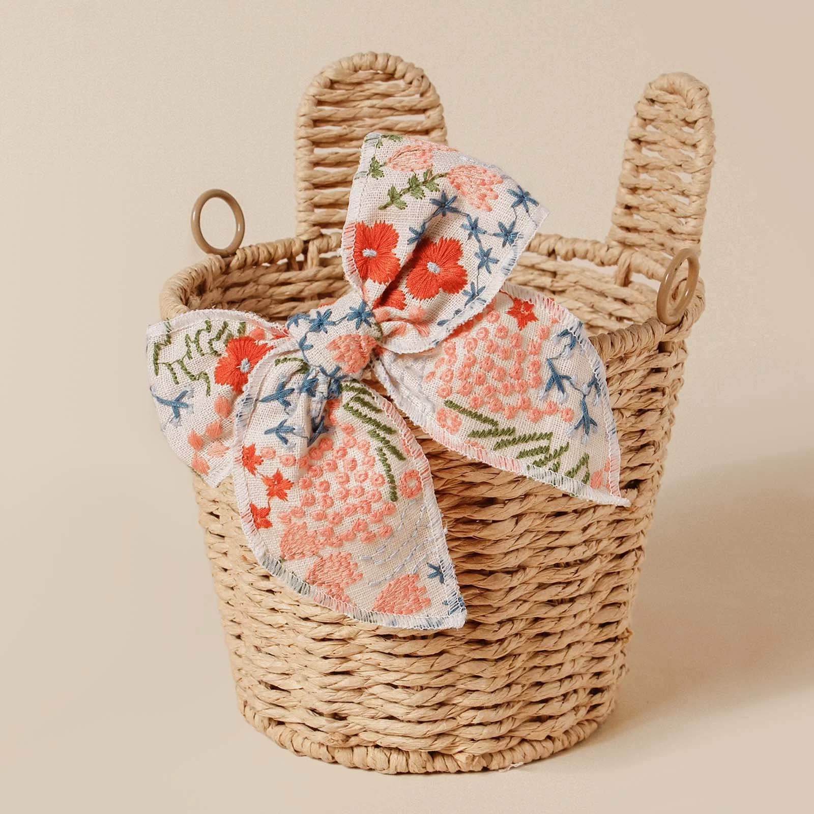 Floral Embroidered Cotton Bow Hair Clip for Baby Girls